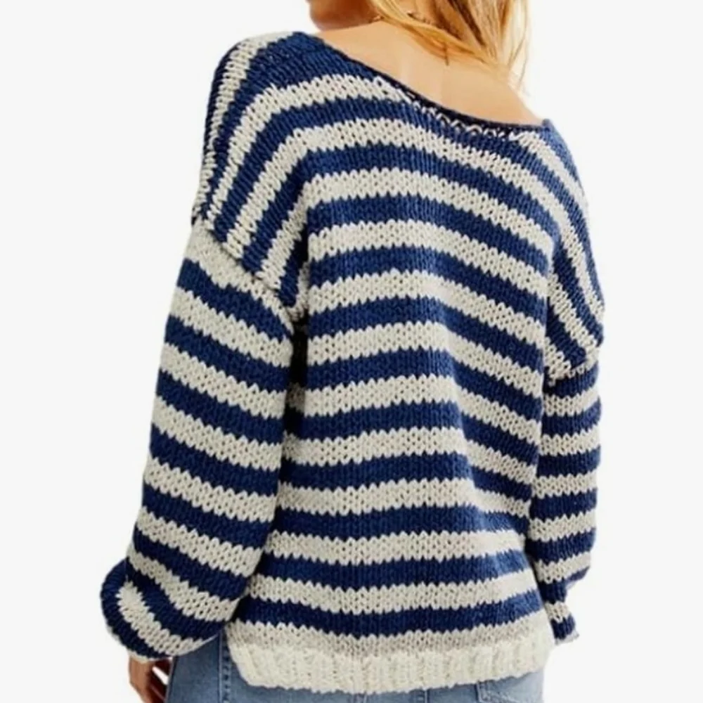 FREE PEOPLE Portland Pullover Navy Blue Stripes Sweater Knit SMALL - Picture 2 of 10